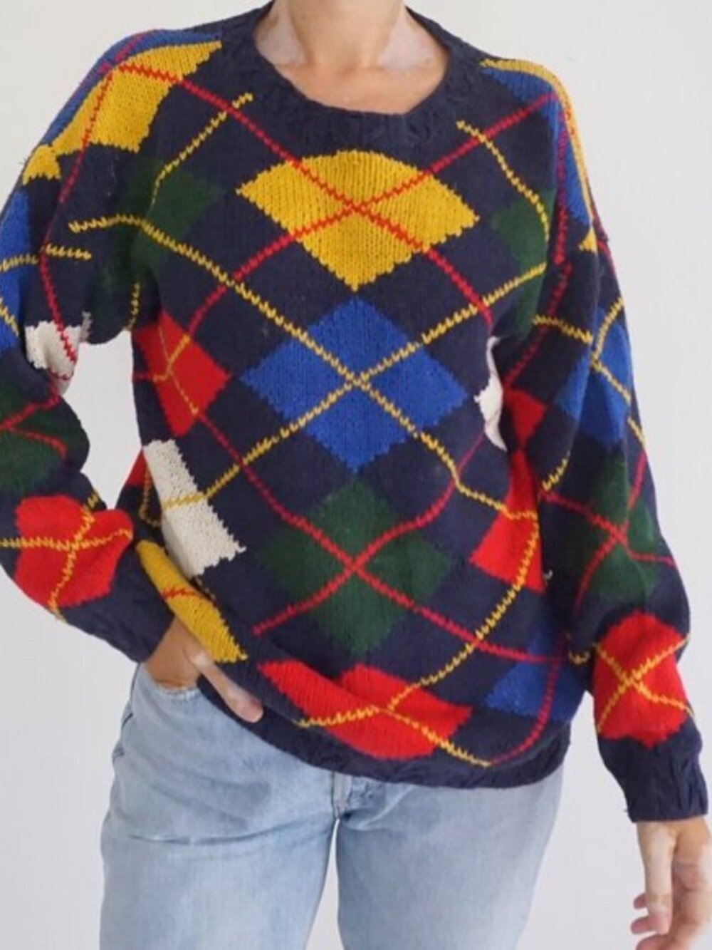 Field Gear Navy Multicolor Argyle Knit Preppy Cotton Blend Collegiate Sweater M